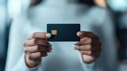 E-commerce expansion innovation concept. Person holding a black credit card in a soft-focus background.