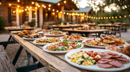 Fototapeta premium Food sharing with neighborhood concept. Outdoor dining with a variety of delicious dishes on rustic tables.