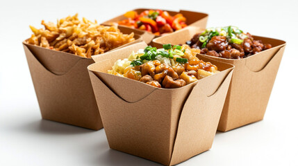 Delicious takeout boxes filled with savory dishes and vibrant vegetables at a dining table