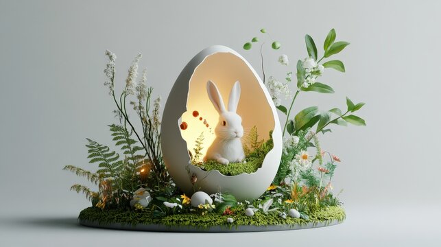 Rabbit in a glowing eggshell garden scene