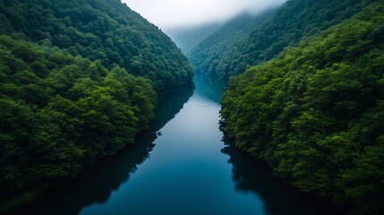 Obraz premium Serene River Flowing Through Lush Green Mountains