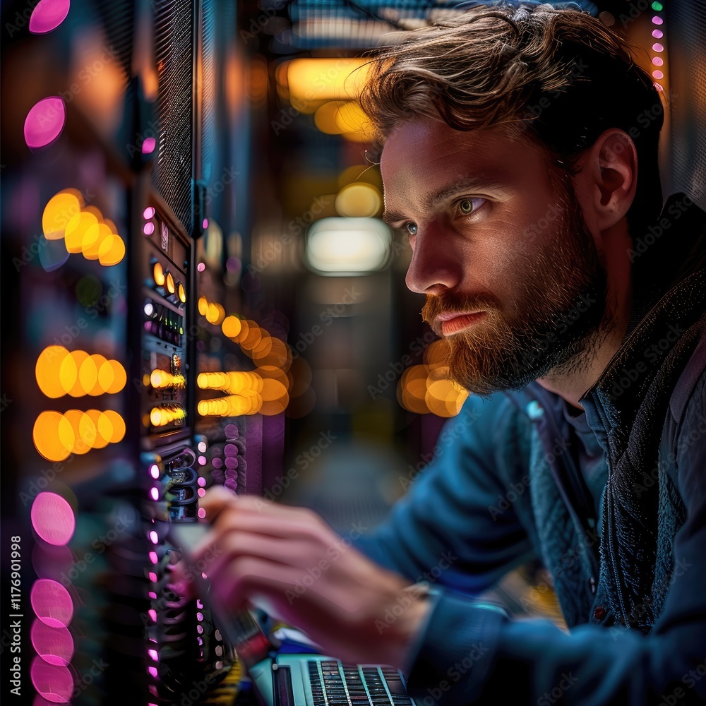 Poster Telecommunications engineer sitting in front of an edge switch router with a laptop.