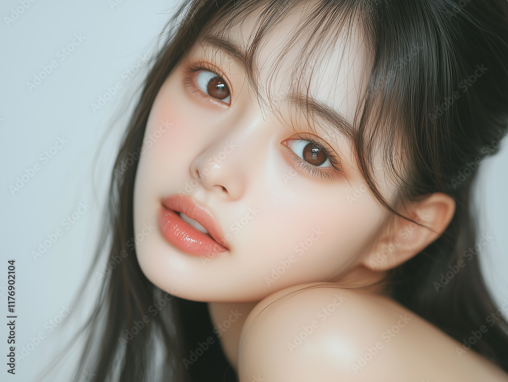 Poster 美肌の若くて可愛いアジア女性モデルの美容ポートレート。ナチュラルなメイクをしている美女。
