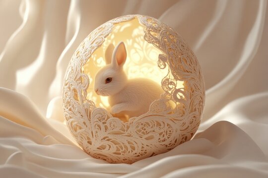 Rabbit emerging from ornate eggshell
