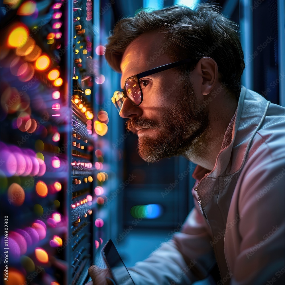 Poster Telecommunications engineer sitting in front of an edge switch router with a laptop.