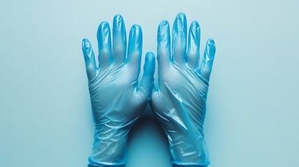 Obraz premium pair of blue medical gloves are laid out against a flat background. They are presumably intended for protective use. The gloves appear to be clean and new.