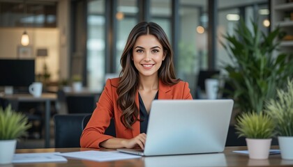 Confident and Composed:  A  professional businesswoman exudes confidence and composure as she works on her laptop, surrounded by the vibrant energy of a modern office space.  