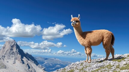 Fototapeta premium A llama stands majestically on a mountain ridge under a blue sky.
