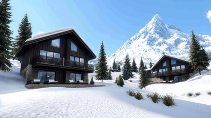 Scenic winter landscape featuring modern chalets and mountains.