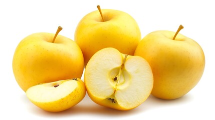 close up of yellow apples, one sliced in half and another in a quarter wedge. 