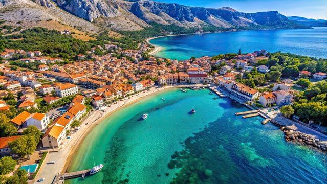 Aerial view of Vela Plaza Beach in Baska Town, Krk Island, Croatia , Vela Plaza, Beach, Baska Town