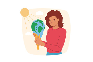 Global warming negatively affects planet earth and melts globe held by sad woman volunteer. Problem of global warming and climate change caused by co2 emissions into air and air pollution