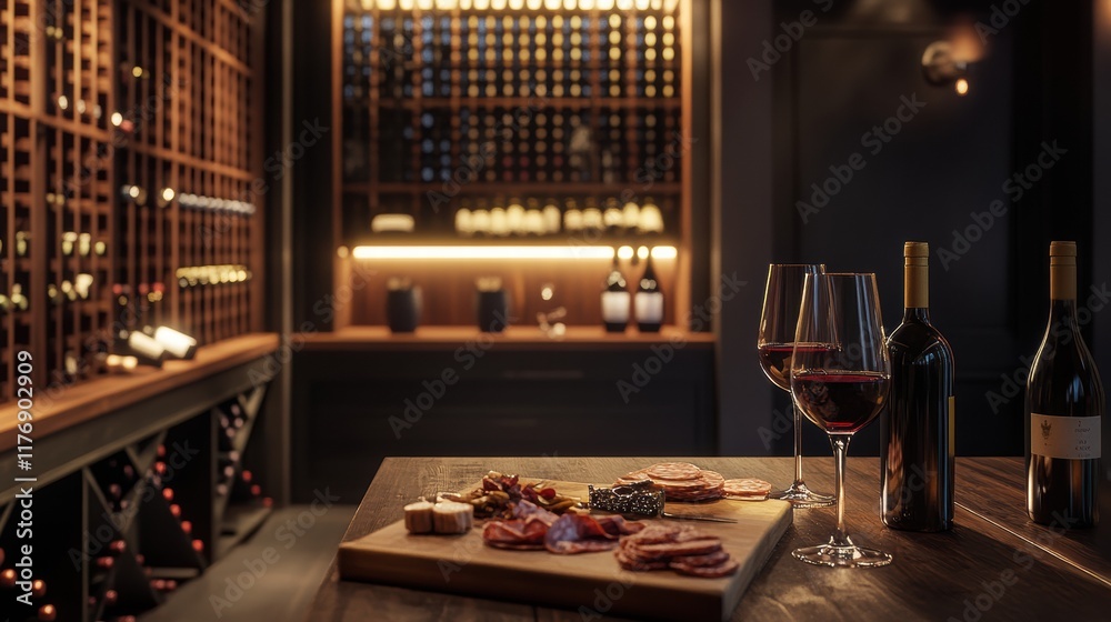 Aufkleber Elegant wine cellar featuring vintage bottles and a tasting table with red wine and charcuterie board. Generative AI