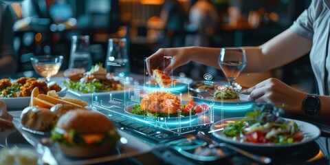 A futuristic dining scene with holographic food displays and various dishes on a table.