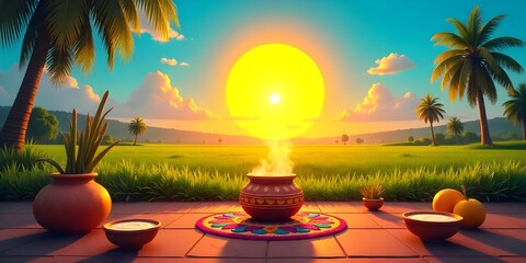 Pongal Festival Sunrise Rice Cooking