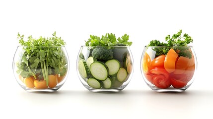  glass bowls filled with different fresh vegetables: greens and yellow tomatoes, zucchini and broccoli, and sliced tomato and orange pepper. The bowls sit in a row on a white background.