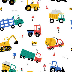 Seamless vector pattern with cute cars - Truck, tractor, cargo crane, bulldozer, excavator. Drawing for children's textiles with cars and vehicles for boys. Kids car background. Scandinavian style