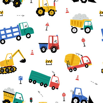 Seamless vector pattern with cute cars - Truck, tractor, cargo crane, bulldozer, excavator. Drawing for children's textiles with cars and vehicles for boys. Kids car background. Scandinavian style