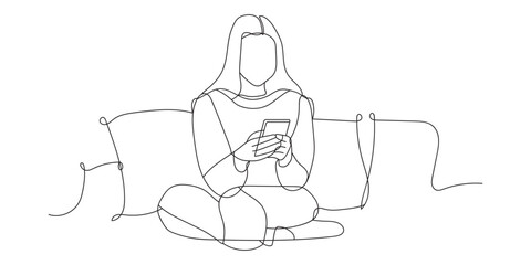 Continuous line drawing of woman hold the mobile phone reading or receiving a message. Hand drawn single line vector illustration