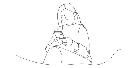 Continuous line drawing of woman hold the mobile phone reading or receiving a message. Hand drawn single line vector illustration
