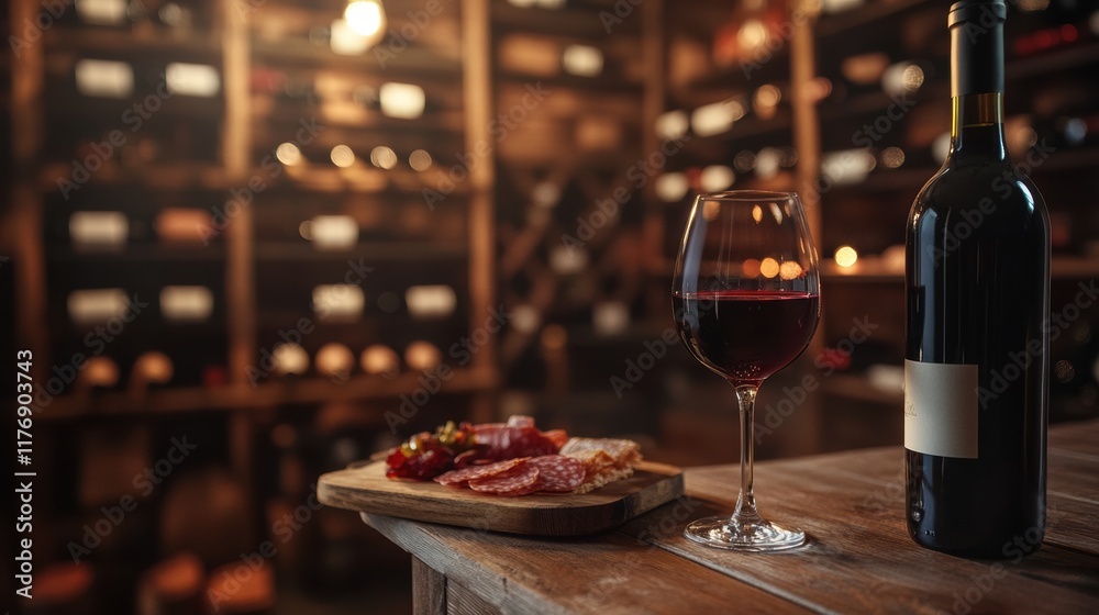 Poster elegant wine cellar featuring vintage bottles and a tasting setup with red wine and a charcuterie bo