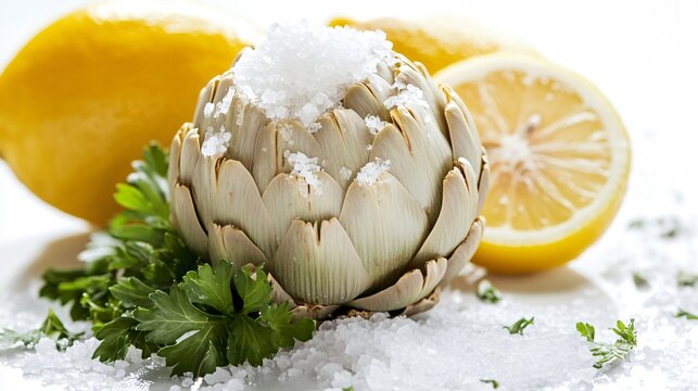 A whole artichoke with a sprinkling of sea salt, isolated with a lemon slice and parsley garnish