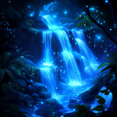 Obraz premium A serene and enchanting view of a luminous waterfall surrounded by vibrant foliage in a tranquil setting.