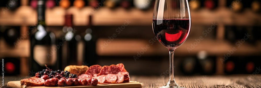 Poster Elegant wine cellar featuring vintage bottles and a tasting setup with red wine and a charcuterie board perfect for gatherings. Generative AI