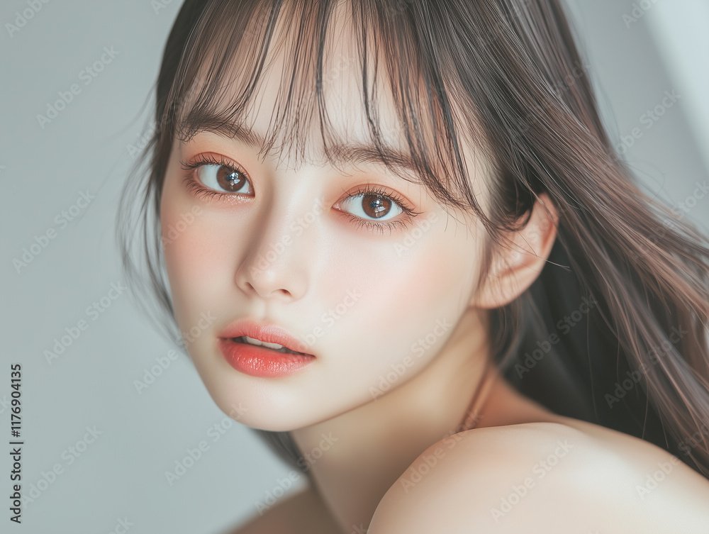 Poster 美肌の若くて可愛いアジア人女性モデルの美容ポートレート。ナチュラルメイクの素敵な女性。