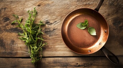 Rustic Copper Pan with Fresh Herbs: A Culinary Still Life