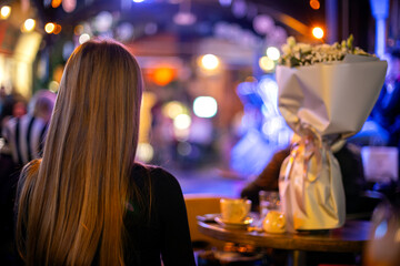 A beautiful young girl sits alone at a table in a restaurant.