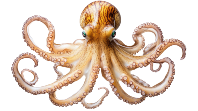 Ocean Cephalopod: A detailed close-up of a common octopus, showcasing its intricate texture, intelligent eyes, and eight arms.  A captivating image for marine biology, scientific publications.