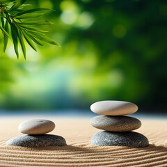 Obraz premium A serene composition of stacked stones on sand, symbolizing balance and tranquility in a natural environment.