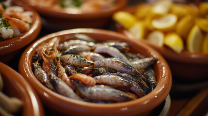 Fototapeta premium Fresh seafood displayed on traditional dishes at a vibrant market during the afternoon