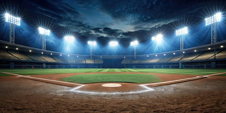Baseball field illuminated at night under the lights, night, baseball, field, sport, game, competition, stadium, lights, evening