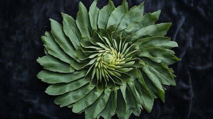 An artistic arrangement of artichoke leaves fanned out in a spiral, isolated on a dark velvet background