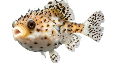 Adorable Spotted Pufferfish: Close-up of a charming, spotted pufferfish, showcasing its unique markings and expressive features. Perfect for marine life enthusiasts and aquarium-themed projects. 