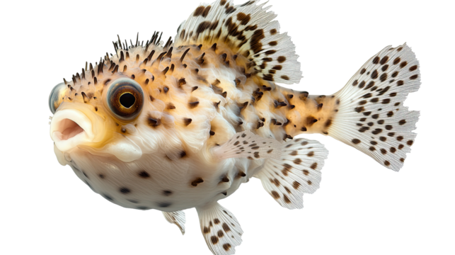 Adorable Spotted Pufferfish: Close-up of a charming, spotted pufferfish, showcasing its unique markings and expressive features. Perfect for marine life enthusiasts and aquarium-themed projects. 