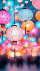 Obraz premium Colorful lanterns illuminate the night, creating a vibrant atmosphere filled with soft bokeh lights, capturing the essence of celebration and beauty.