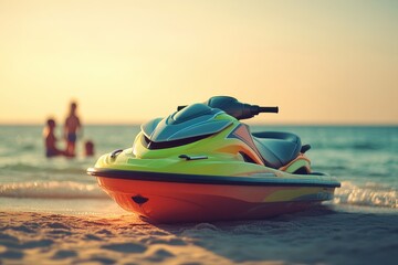 Brightly Colored Jetski on the Shore During Golden Hour Lighting with Children Playing in the Background, Capturing a Joyful Summer Moment by the Beach