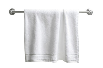 Soft white cotton towel hanging on a silver rack in a bright bathroom setting