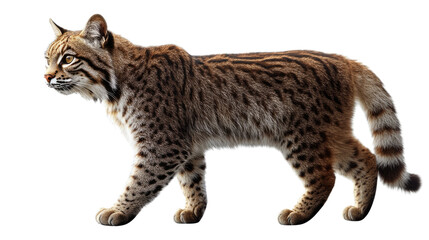 Naklejka premium Wild Beauty: Bobcat Portrait - A bobcat, a wild feline, walks with an alert look in its eyes and its tufted ears standing tall. Its fur is a beautiful mix of brown and tan, with black spots.