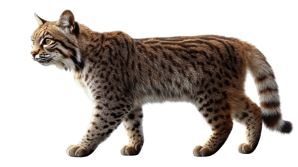 Wild Beauty: Bobcat Portrait - A bobcat, a wild feline, walks with an alert look in its eyes and its tufted ears standing tall. Its fur is a beautiful mix of brown and tan, with black spots.