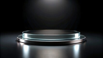 round glass pedestal podium isolated on black background with spotlight, display stage mock up for product display