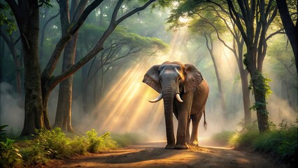 Fototapeta premium Majestic elephant walking through a misty forest at dawn, elephant, majestic, misty, forest, dawn, wildlife, nature, peaceful