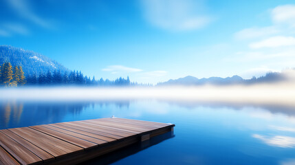 Fototapeta premium A serene lake view under a clear blue sky, with mist floating over the water and mountains in the distance.