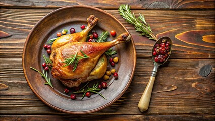 Duck leg confit on a rustic plate, French cuisine, gourmet, food photography, delicious, traditional, tender