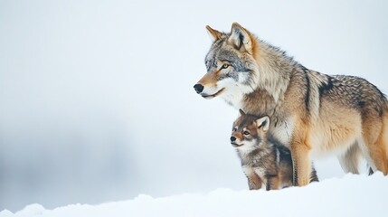 Obraz premium A coyote and its pup stand together in a snowy landscape. 