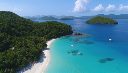 Aerial view Caribbean beach, boats, turquoise water, islands, sunny day, travel brochure
