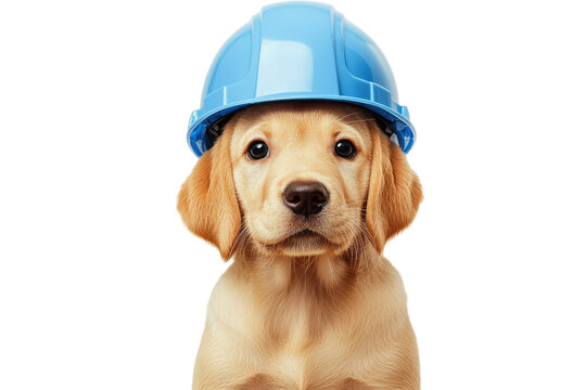 Cute puppy wearing a blue hard hat poses adorably for a playful construction-themed photoshoot